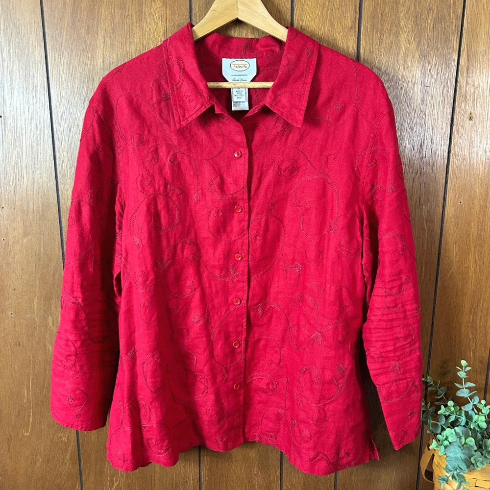 Talbots Irish Linen Embroidered Button Down Shirt Red Size L